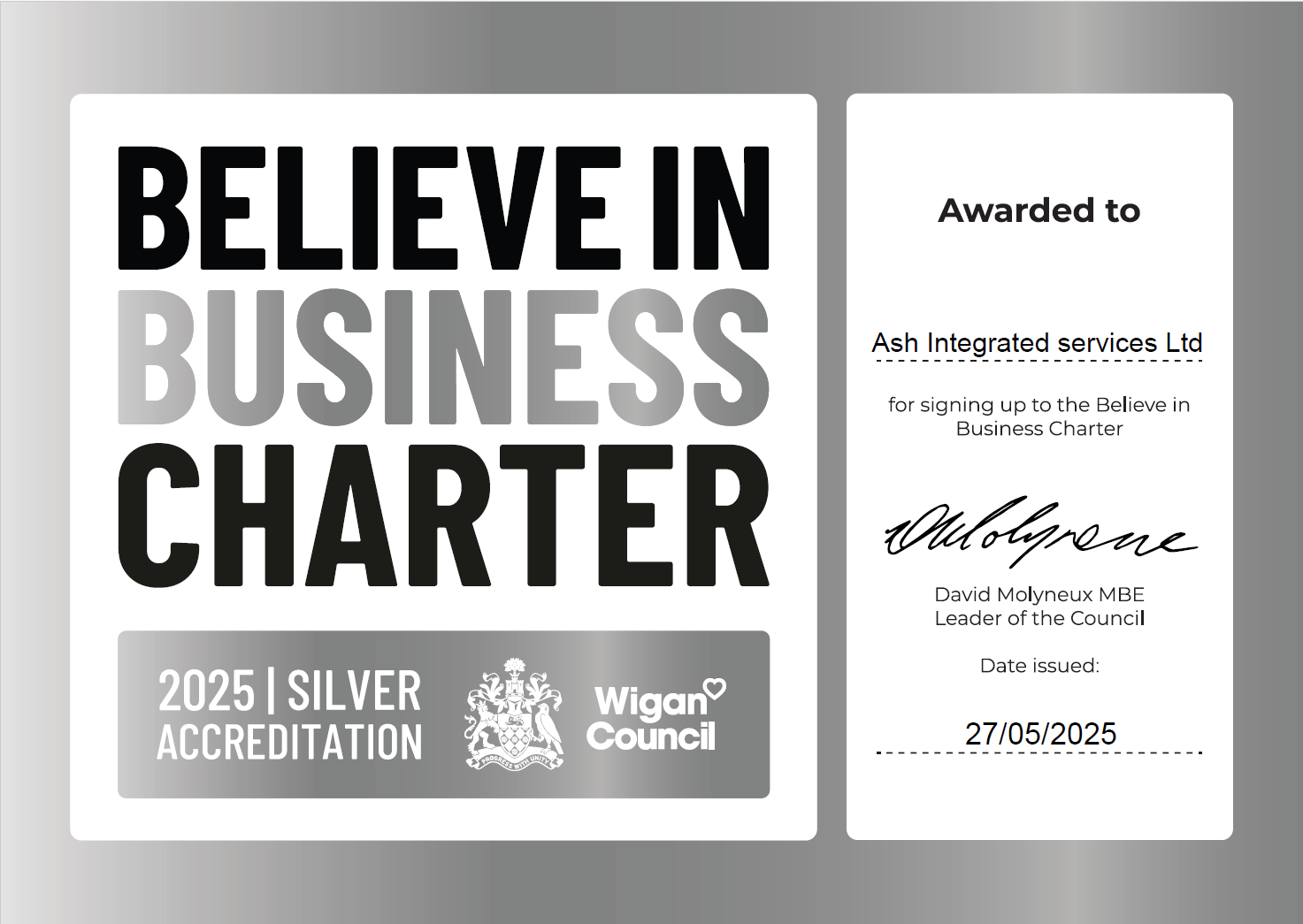 Wigan Council Believe in Business Charter Silver Accreditation