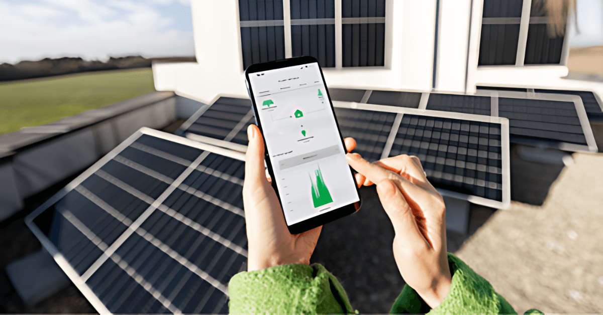 a person holding a smart phone in front of solar panels