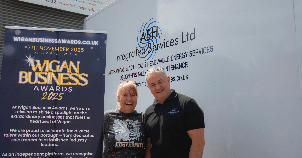 Antony Grace from ASH Integrated Services with Nichola Howard, the organiser of Wigan Business Awards