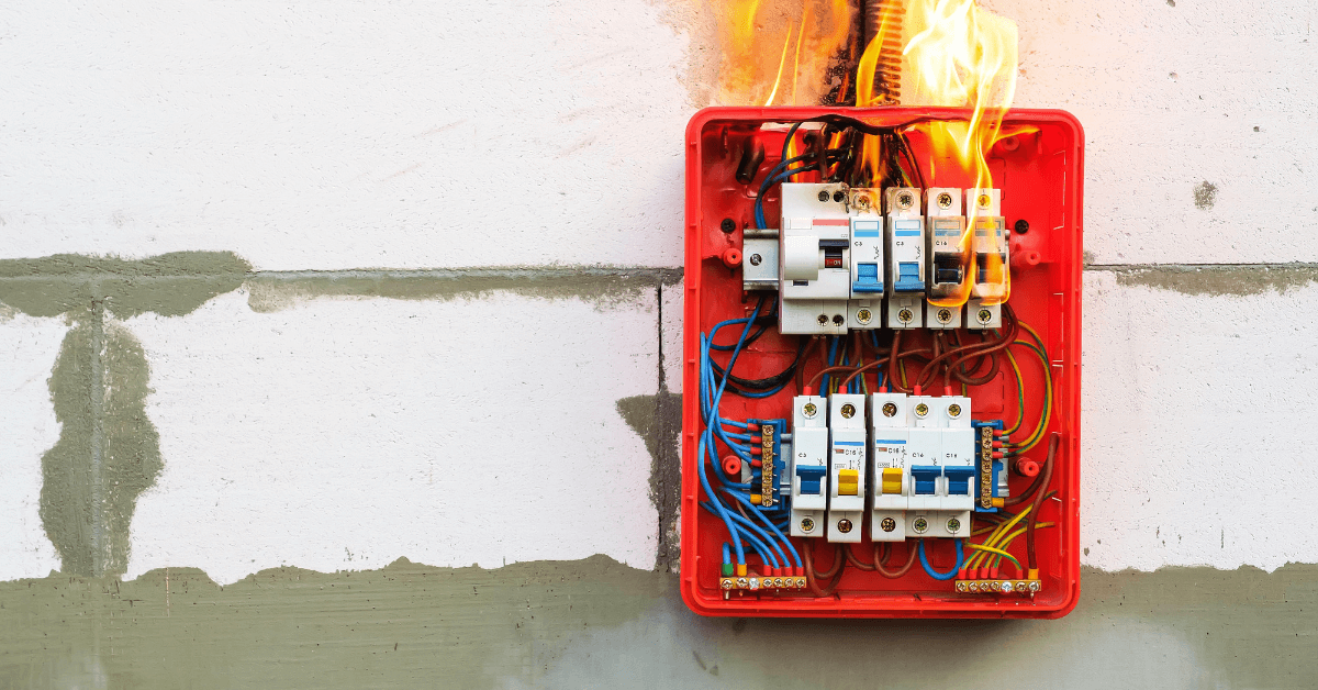 Image shows overloaded fuse box catching fire