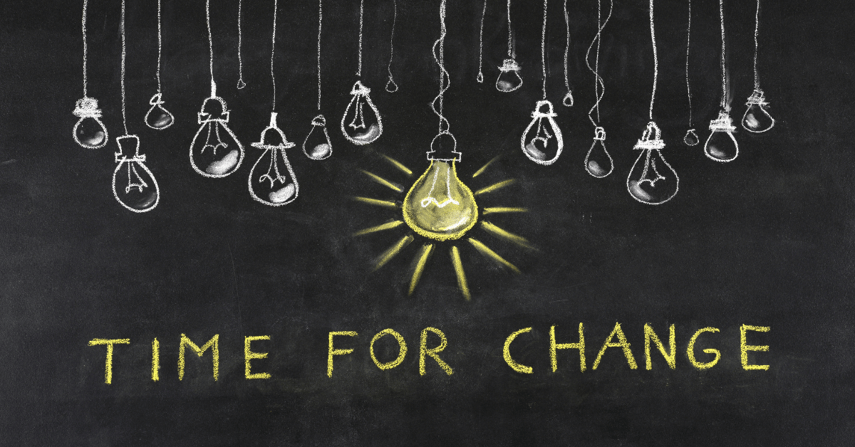 Image shows a string of lightbulbs and the words time for change