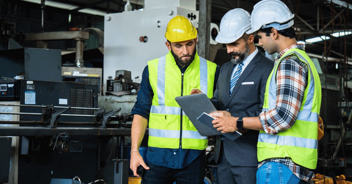 Image shows three mechanical and electrical engineers huddled together looking at a tablet. All wearing high vis vests and hard hats