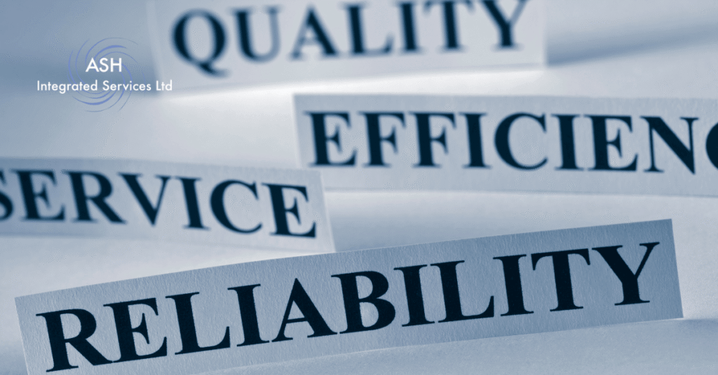 Image is a graphic with the words quality, efficiency and reliability