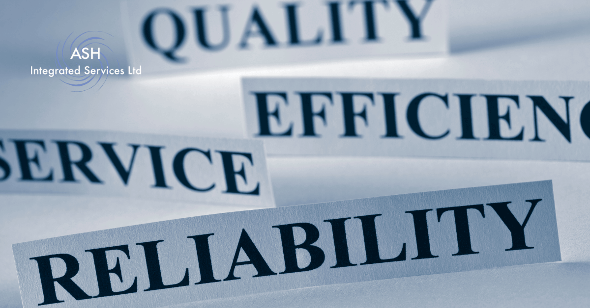 Image is a graphic with the words quality, efficiency and reliability