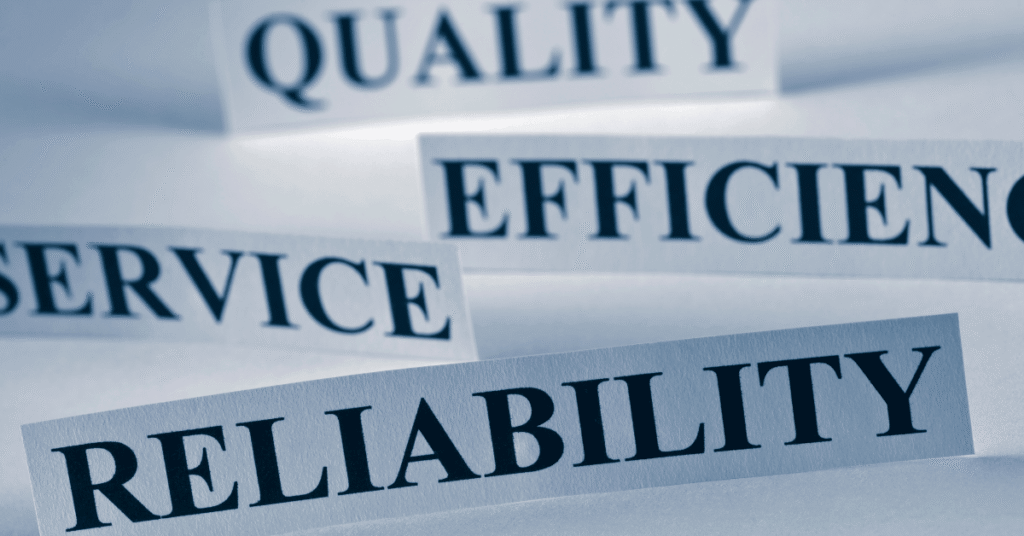 Image shows words, quality, efficiency, reliability, service