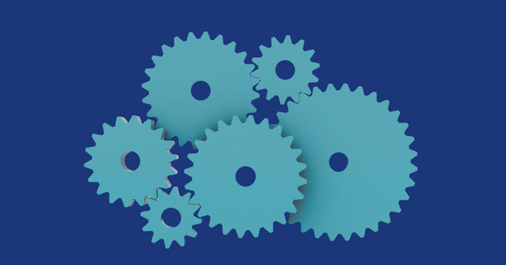 Image shows turquoise cogs grouped in the shape of a brain on a dark blue background