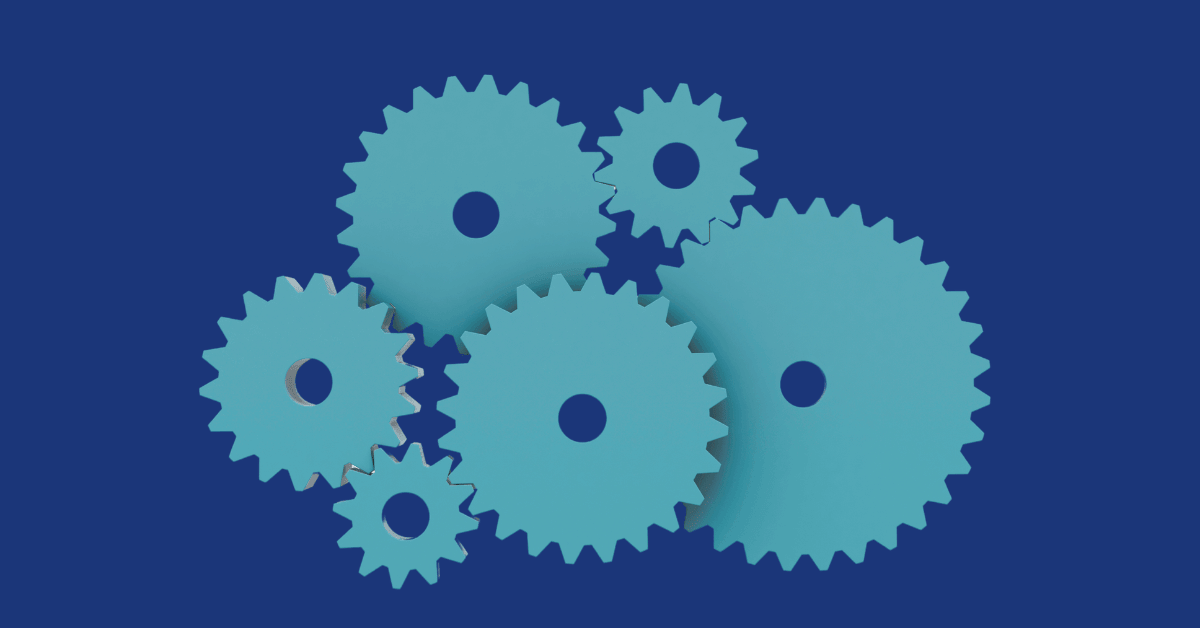 Image shows turquoise cogs grouped in the shape of a brain on a dark blue background