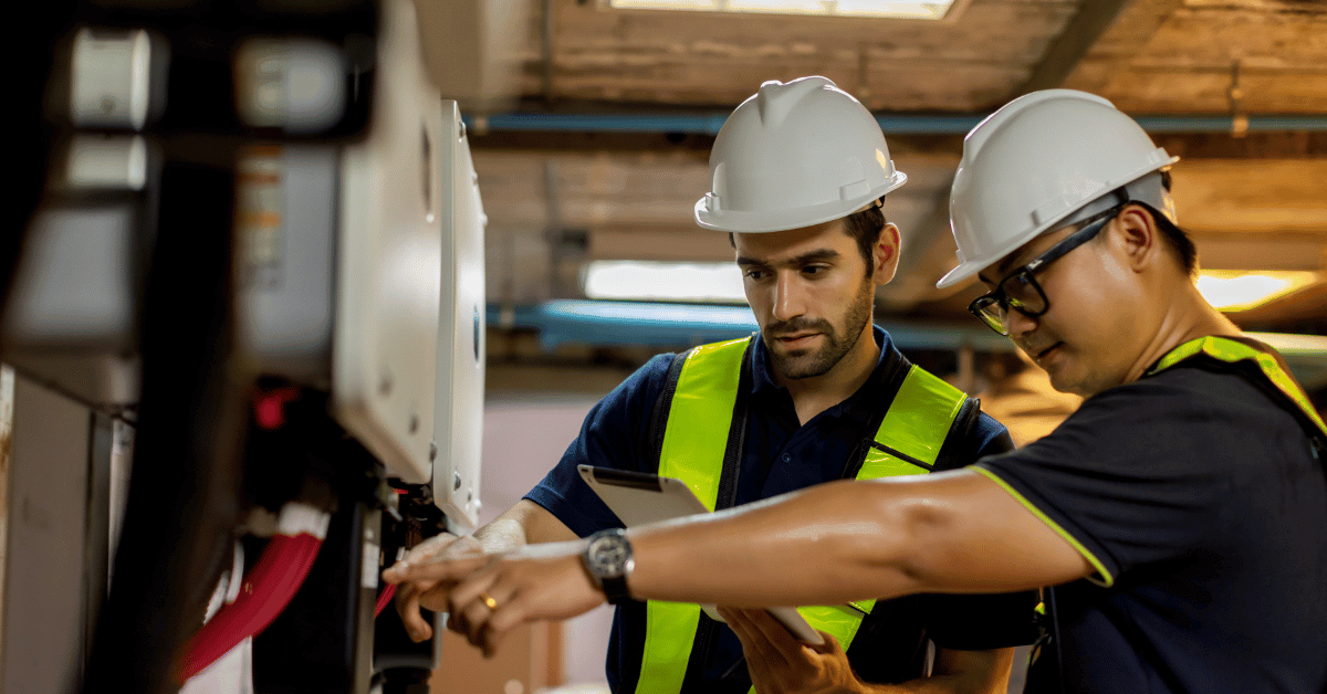 Two male workers in white hard hats talking