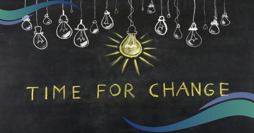Image shows a string of lightbulbs and the words time for change