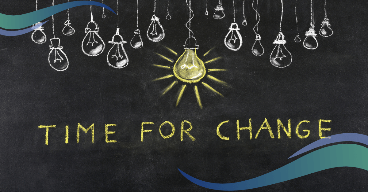 Image shows a string of lightbulbs and the words time for change