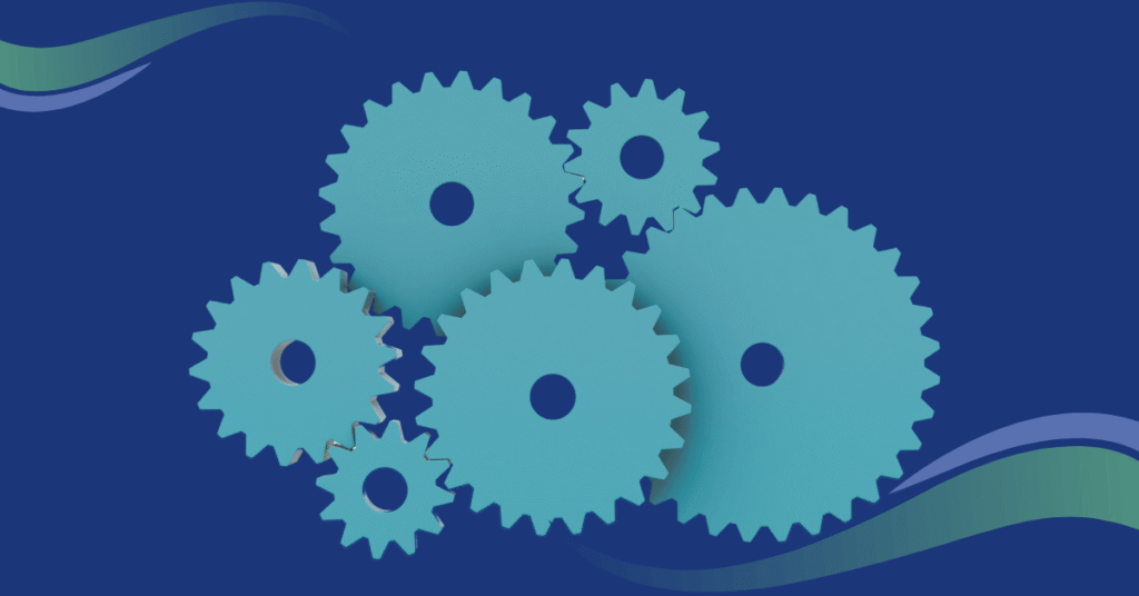 Image shows turquoise cogs grouped in the shape of a brain on a dark blue background