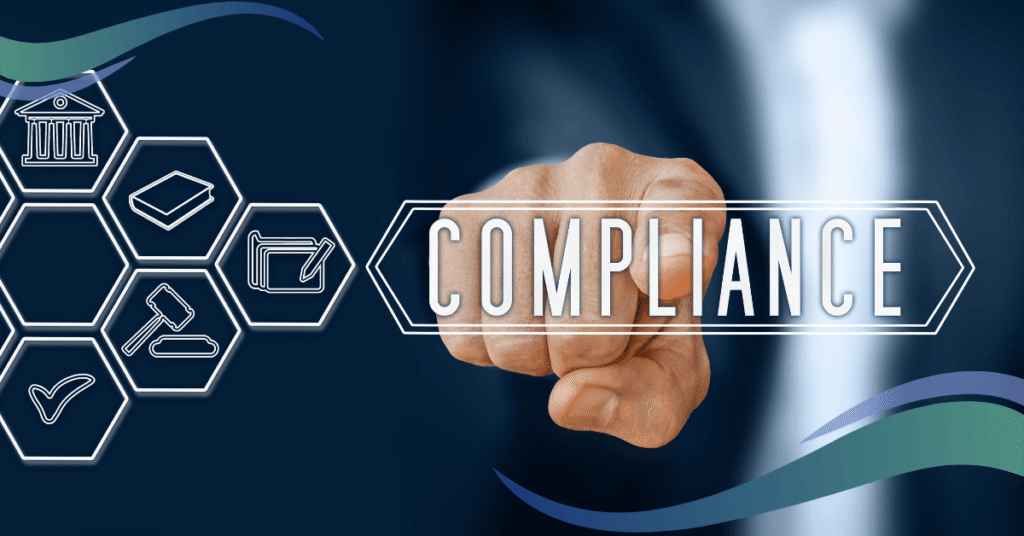 A hand points to a glowing button with the word COMPLIANCE on it, surrounded by hexagonal icons representing legal and regulatory concepts.