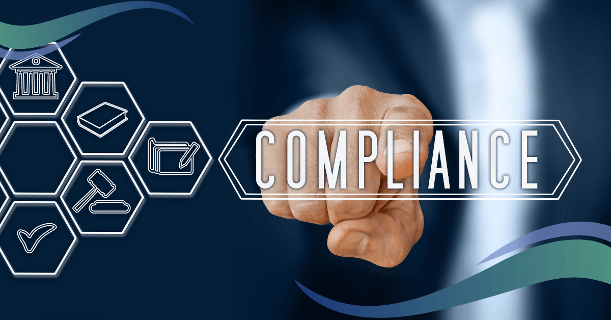 A hand points to a glowing button with the word COMPLIANCE on it, surrounded by hexagonal icons representing legal and regulatory concepts.