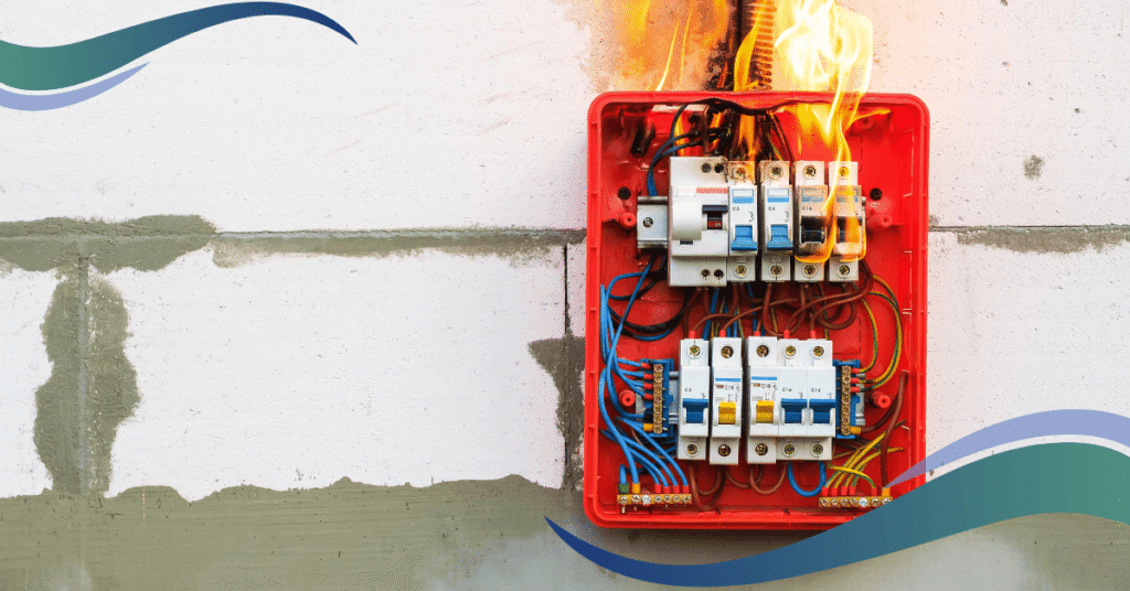 Image shows overloaded fuse box catching fire